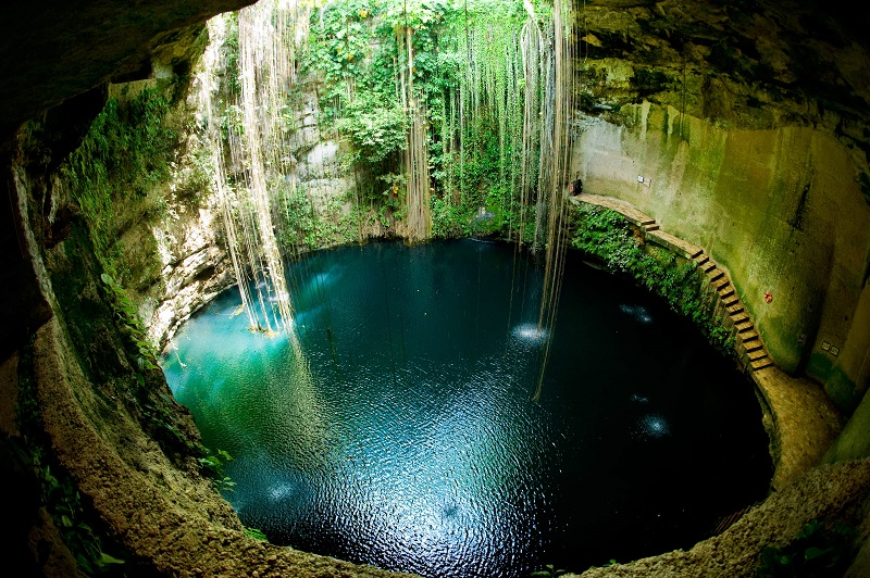 Sunlit turquoise cenote with hanging jungle vines